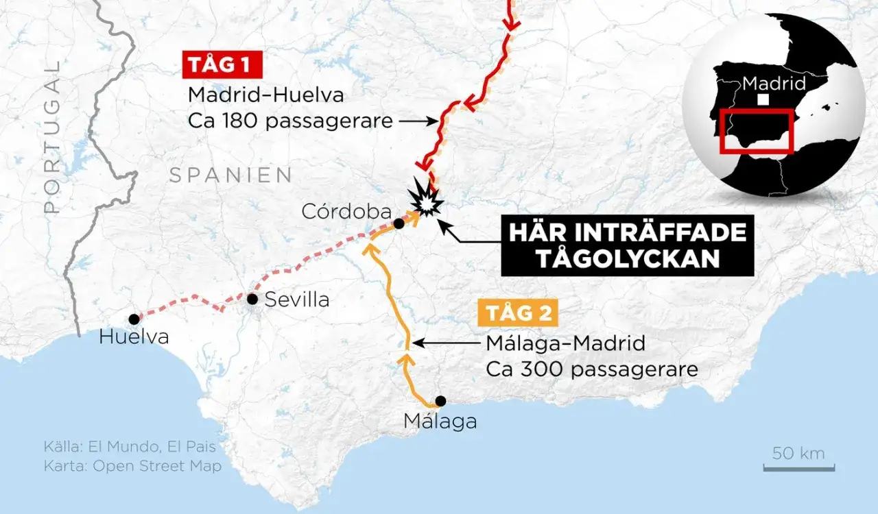Karta &ouml;ver t&aring;golycka i Spanien. T&aring;g 1 Madrid-Huelva, T&aring;g 2 M&aacute;laga-Madrid. Olyckan intr&auml;ffade n&auml;ra C&oacute;rdoba.