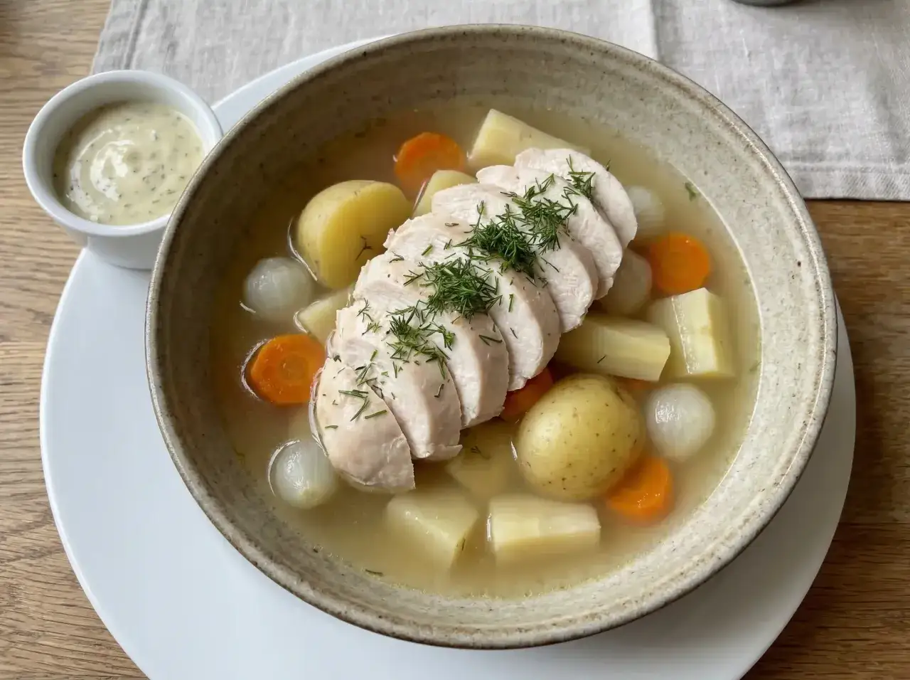 Varm kycklingsoppa med potatis, mor&ouml;tter och l&ouml;k. Perfekt temperatur kycklingfile toppad med dill. Serveras med en kr&auml;mig s&aring;s.