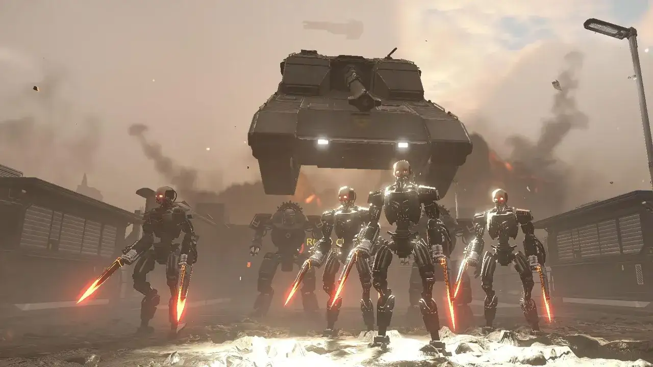 Zagrożenie w Helldivers 2: roboty z płonącymi ostrzami i latający czołg.