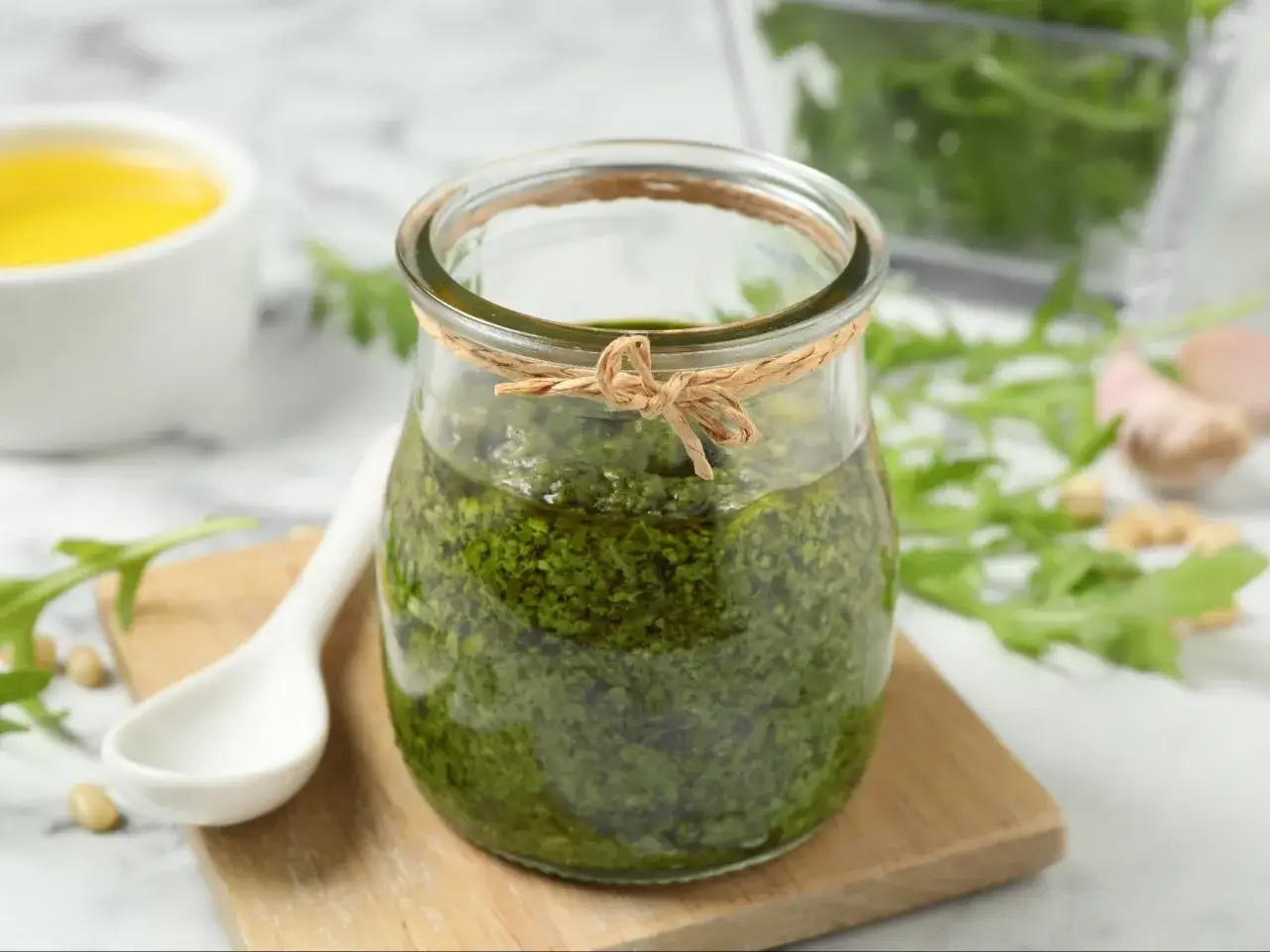 Słoik domowego pesto z rukoli, obok biała łyżeczka, orzeszki piniowe i oliwa.