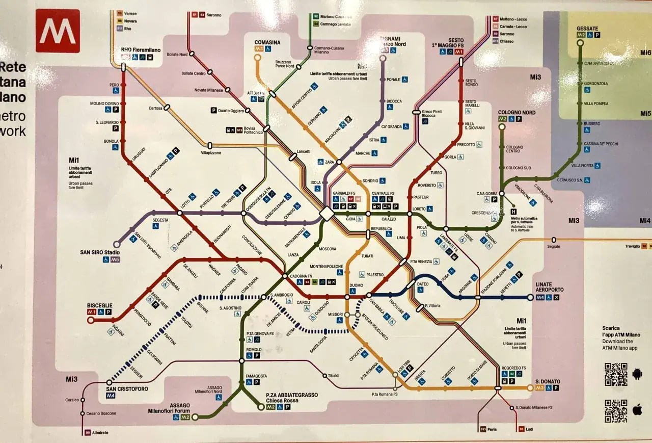 Mapa sieci mediolan metro z zaznaczonymi liniami M1, M2, M3, M4, M5 i M6.