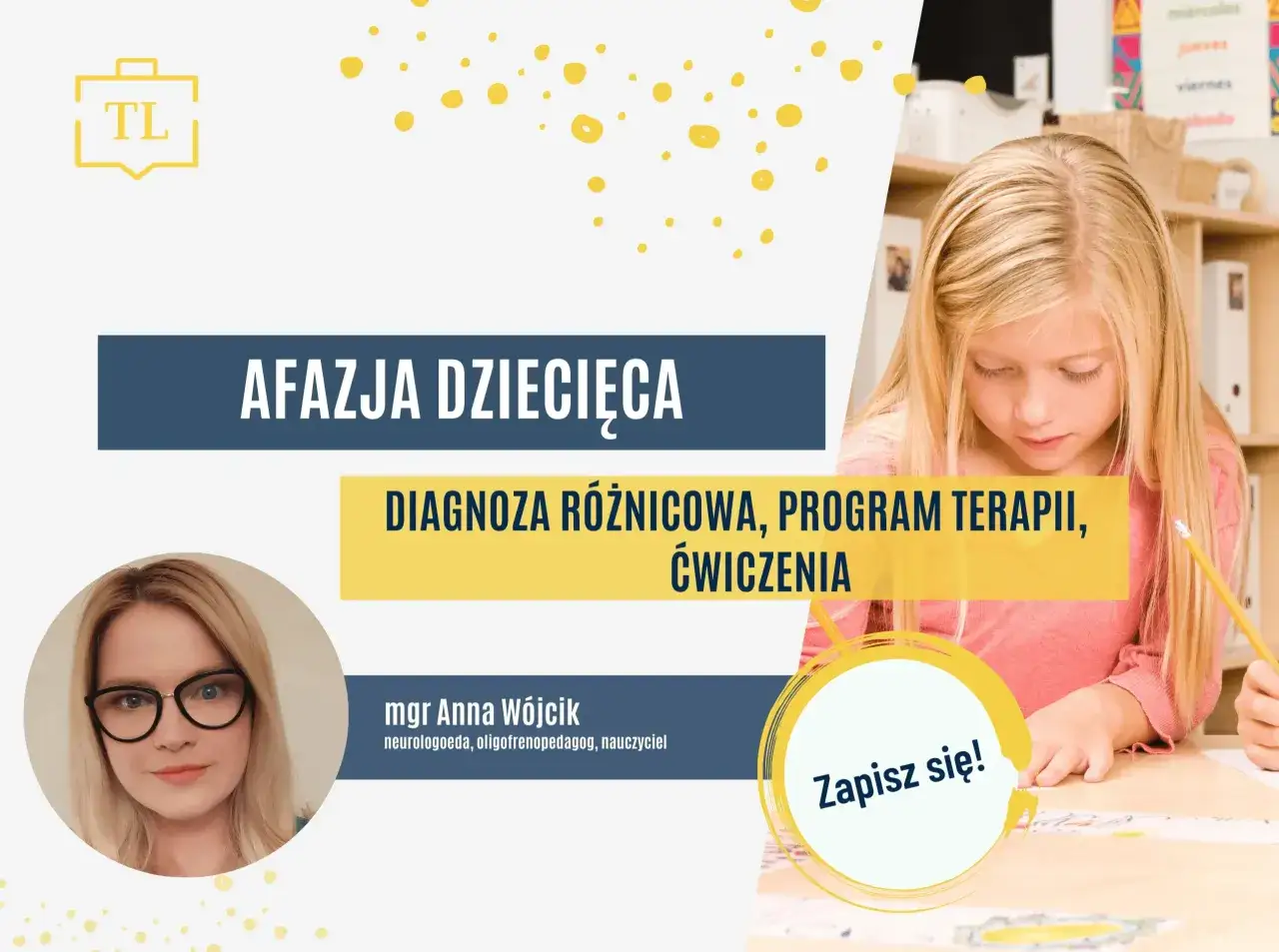 Grafika informuje o afazji u dzieci, diagnozie, terapii i ćwiczeniach. Widoczna jest dziewczynka i specjalistka.