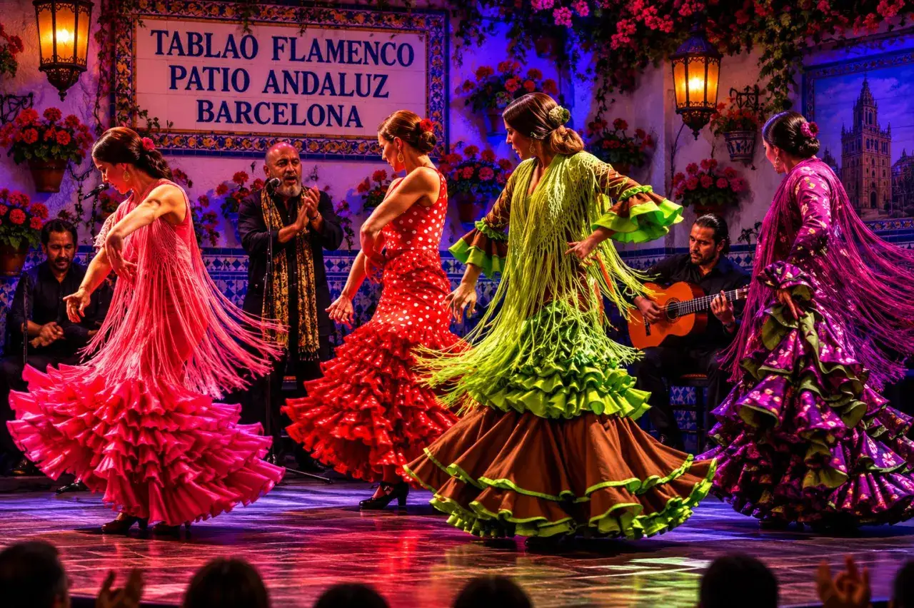 Espect&aacute;culo de grupos flamencos andaluces en un tablao. Bailarinas con volantes vibrantes y un guitarrista crean una escena llena de pasi&oacute;n.