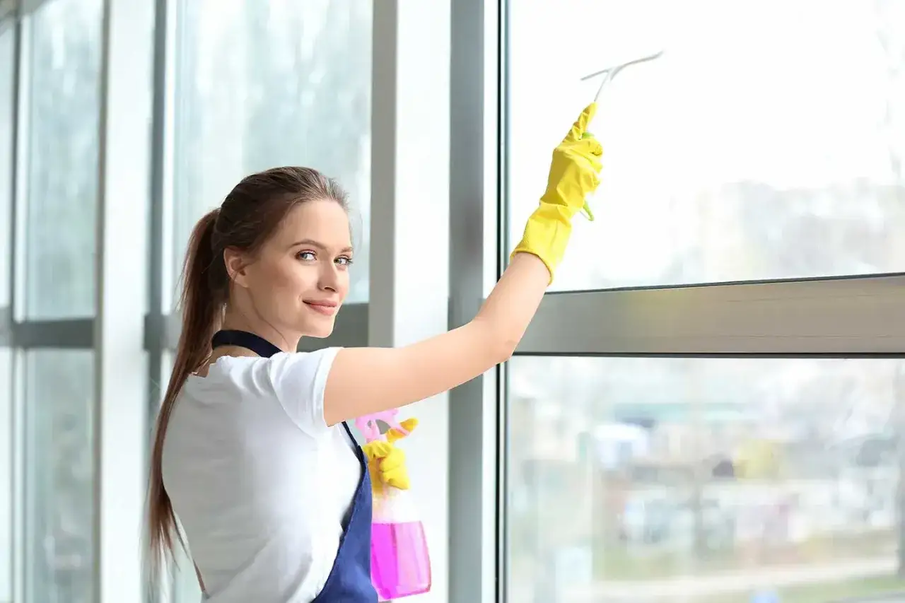 Donna con guanti gialli pulisce una finestra con un tergivetro. Scopri come pulire PVC effetto legno per risultati brillanti.