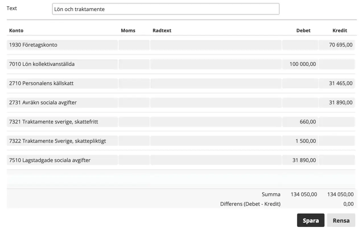 En tabell visar bokf&ouml;ringsposter f&ouml;r enskild firma, inklusive l&ouml;n och traktamente.