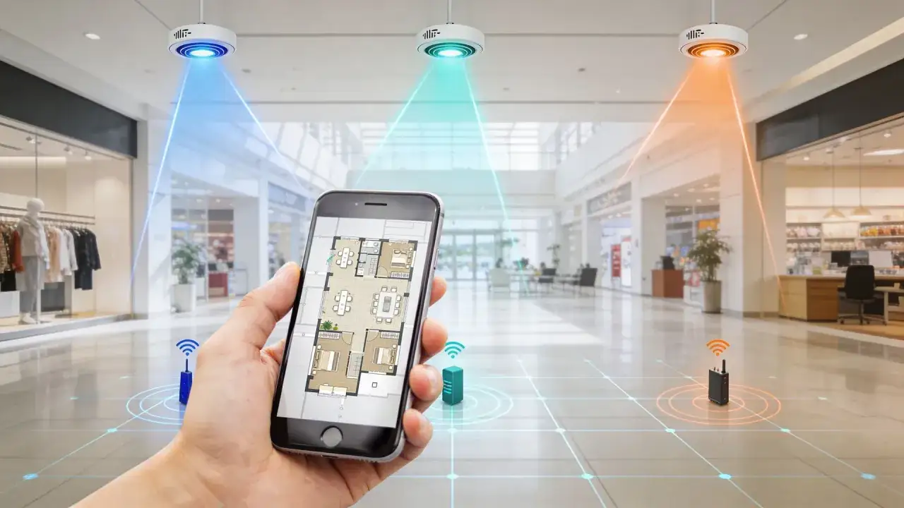 Control de red Wi-Fi en un centro comercial con banda ultra ancha. Un smartphone muestra un plano y dispositivos emiten se&ntilde;ales.