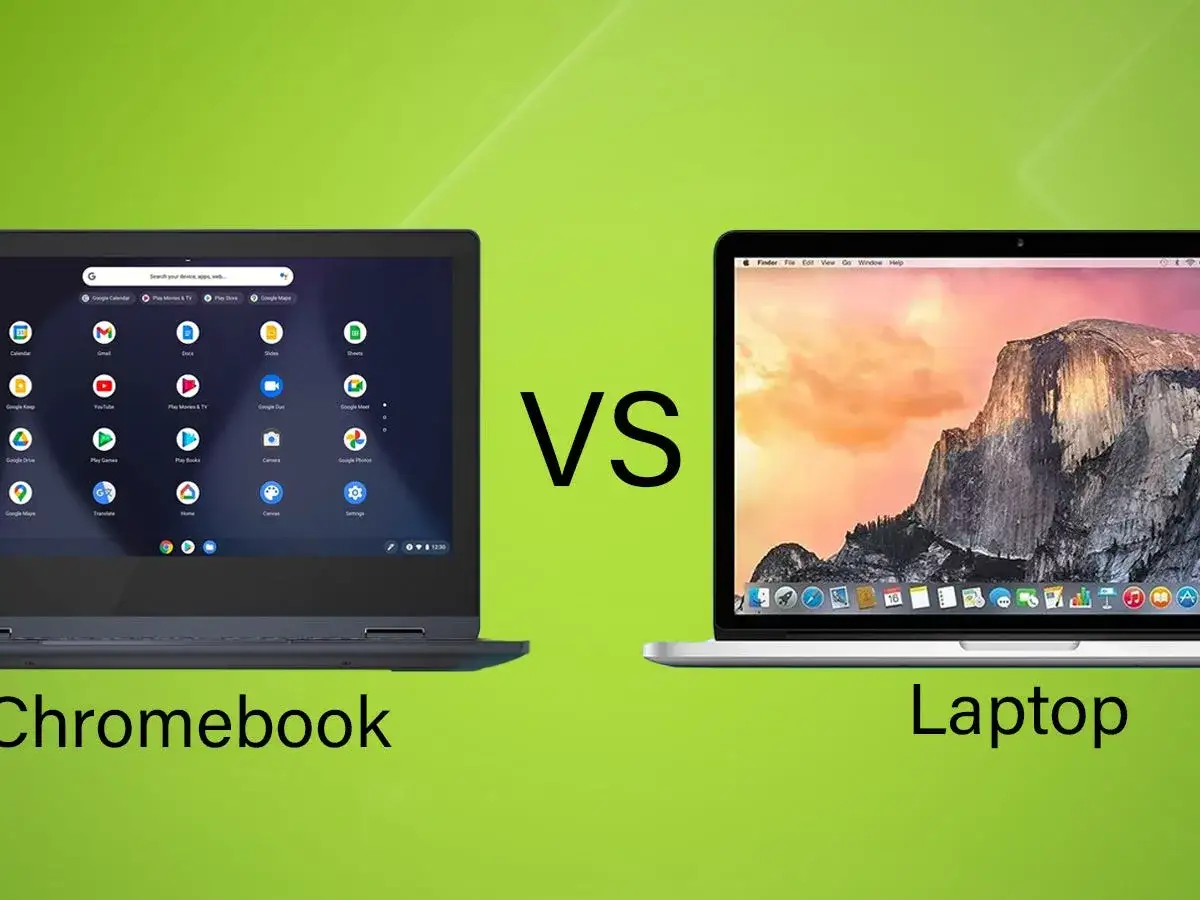 Porównanie: czym się różni Chromebook od laptopa? Widok ekranów obu urządzeń, jeden z ikonami Google, drugi z systemem macOS.