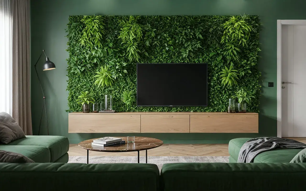 Grüne Oase im Wohnzimmer: Eine vertikale Pflanzenwand hinter dem TV ist eine tolle Wohnidee.