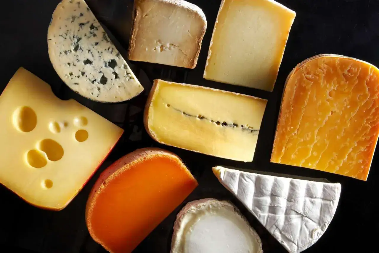 Variedad de quesos, incluyendo uno con agujeros y otro azul, perfectos para encontrar el mejor queso para sandwich.