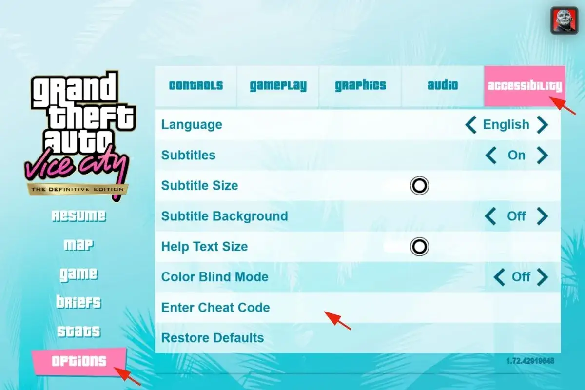Menu di GTA Vice City: opzioni accessibilità, dove inserire trucchi GTA Vice City PS4.