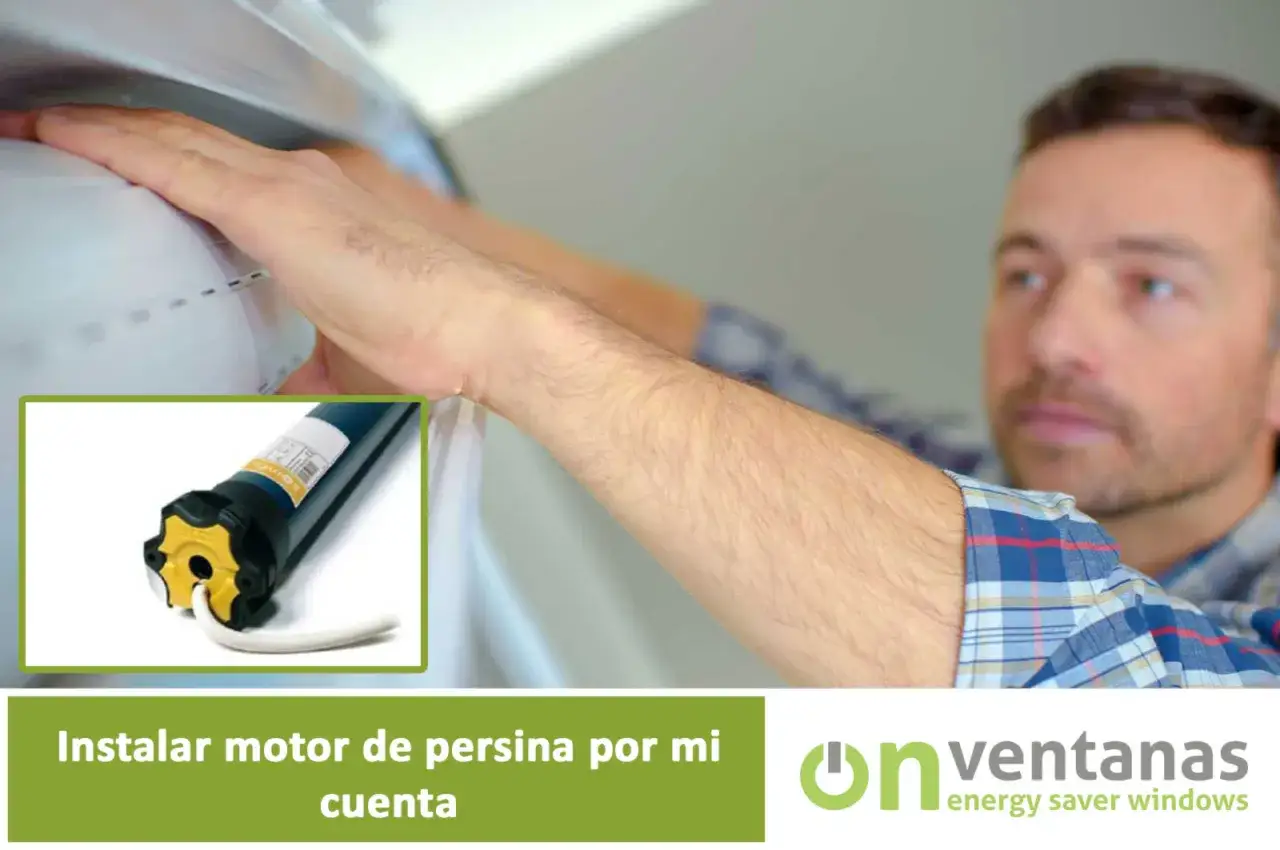 Hombre instalando motor de persiana. Un primer plano muestra el motor y el proceso de instalación.