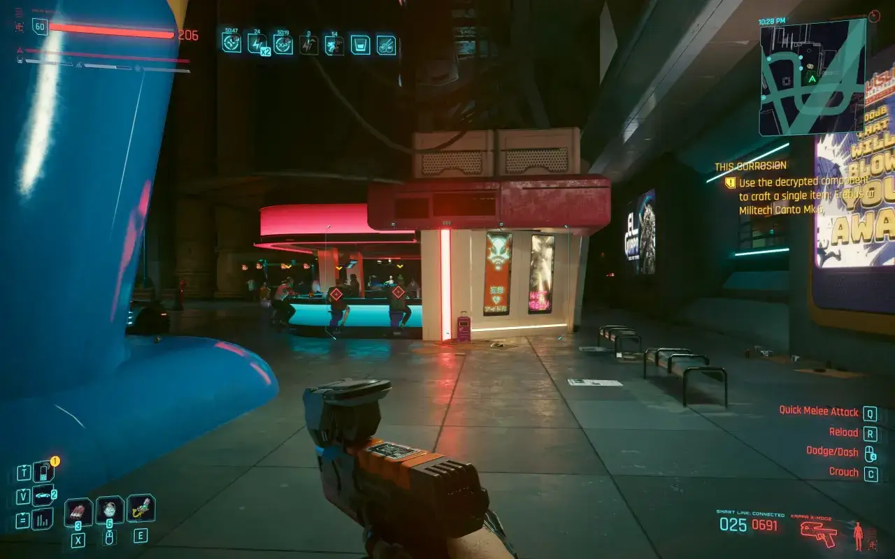W cyberpunkowym świecie, nawet **cyberpunk dobre uczynki popłacają**. Widać tu neonowy bar i futurystyczne reklamy, a gracz przygotowuje się do misji.
