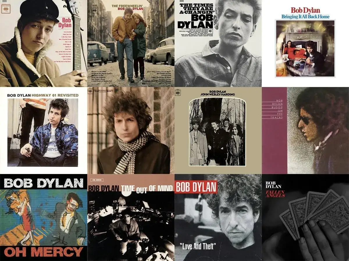 Collage d'albums de Bob Dylan, ic&ocirc;ne du folk-rock. Son style de musique unique a marqu&eacute; des g&eacute;n&eacute;rations.