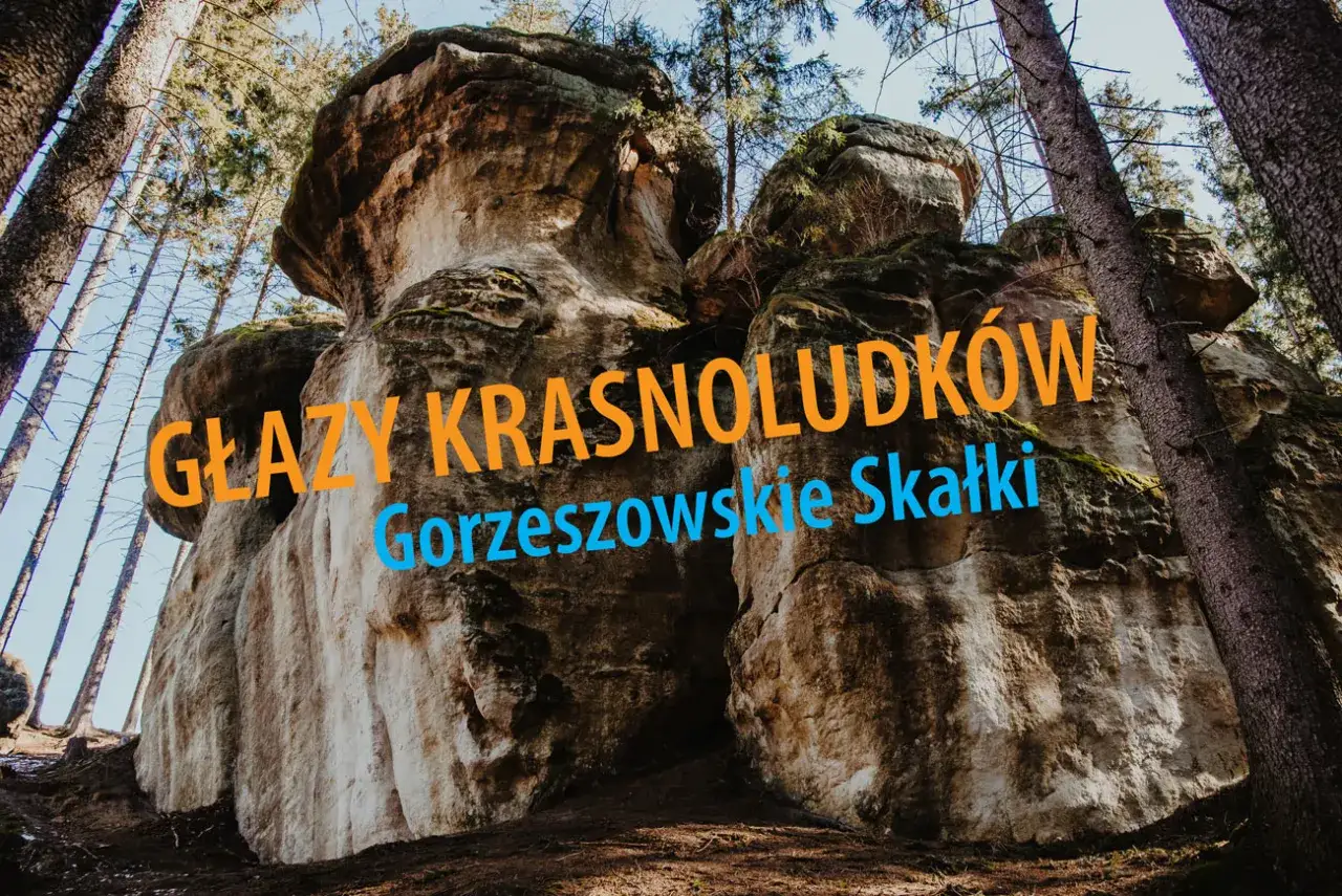 Głazy krasnoludków w Gorzeszowskich Skałkach, potężne formacje skalne w lesie, wyglądają jak kamienne olbrzymy.