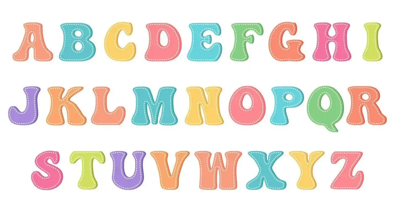 Alfabeto de colores con puntadas, ideal para proyectos de manualidades y como tipos de letras para imprimir.