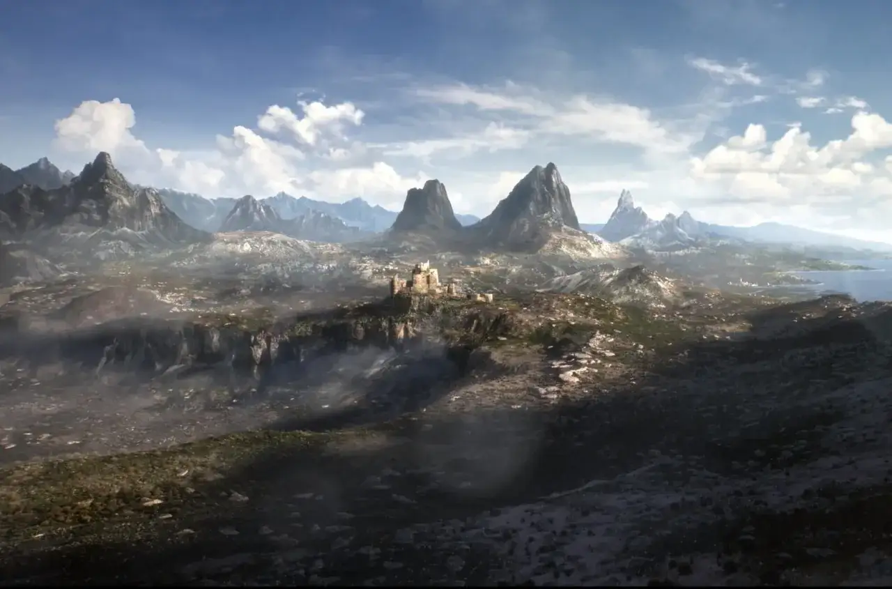 Paisaje montañoso con un castillo en ruinas, anticipando la aventura en The Elder Scrolls 6.