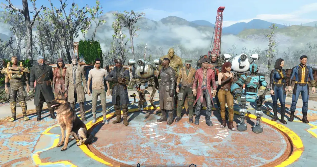 Grupa towarzyszy z Fallout 4, w tym pies, roboty i ludzie w postapokaliptycznych strojach, pozuje do zdjęcia na tle zrujnowanego krajobrazu.