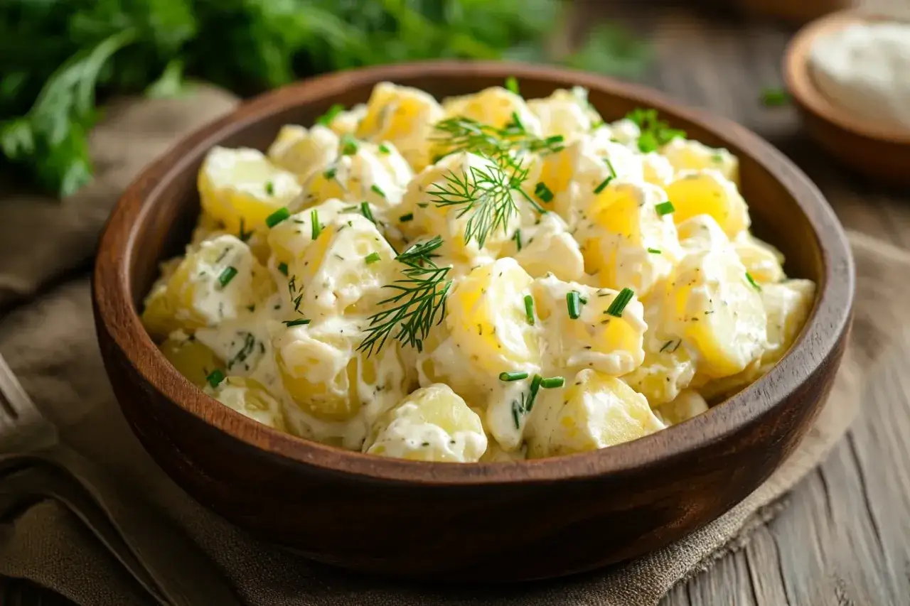 Cremiger Kartoffelsalat in Holzschale, garniert mit Dill und Schnittlauch. Ein Klassiker, der immer schmeckt.