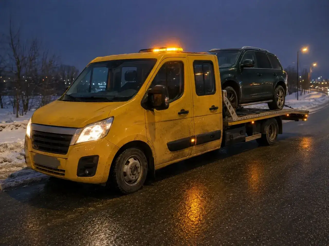 Żółta laweta z ciemnozielonym SUV-em na pokładzie, nocą na mokrej drodze. Potrzebujesz assistance bez OC? Ta laweta jest gotowa do pomocy.
