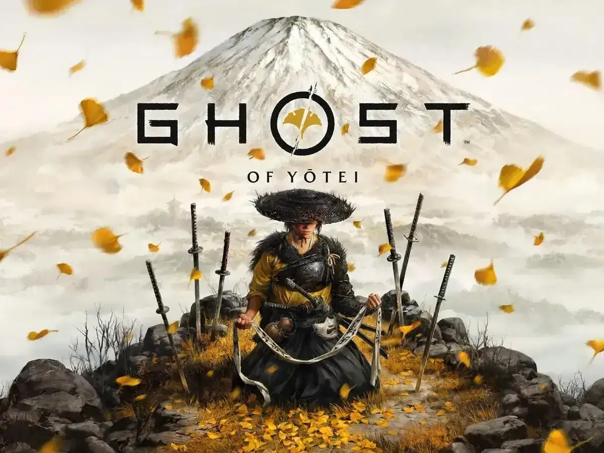 Samurái en un paisaje otoñal, rodeado de espadas. El logo de Ghost of Tsushima 2 preside la escena, con hojas cayendo.
