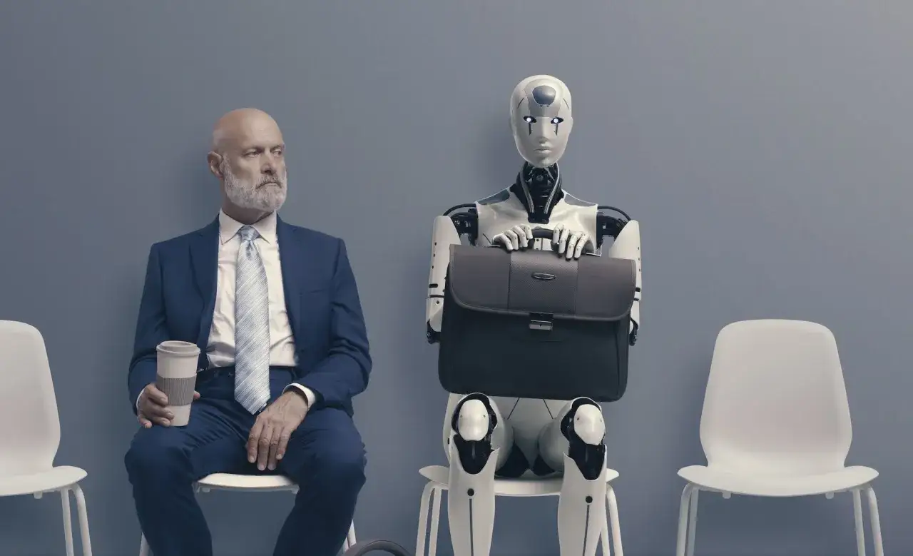 Hombre y robot esperan entrevista. El futuro del **empleo** y la **inteligencia artificial** se encuentran en esta sala.