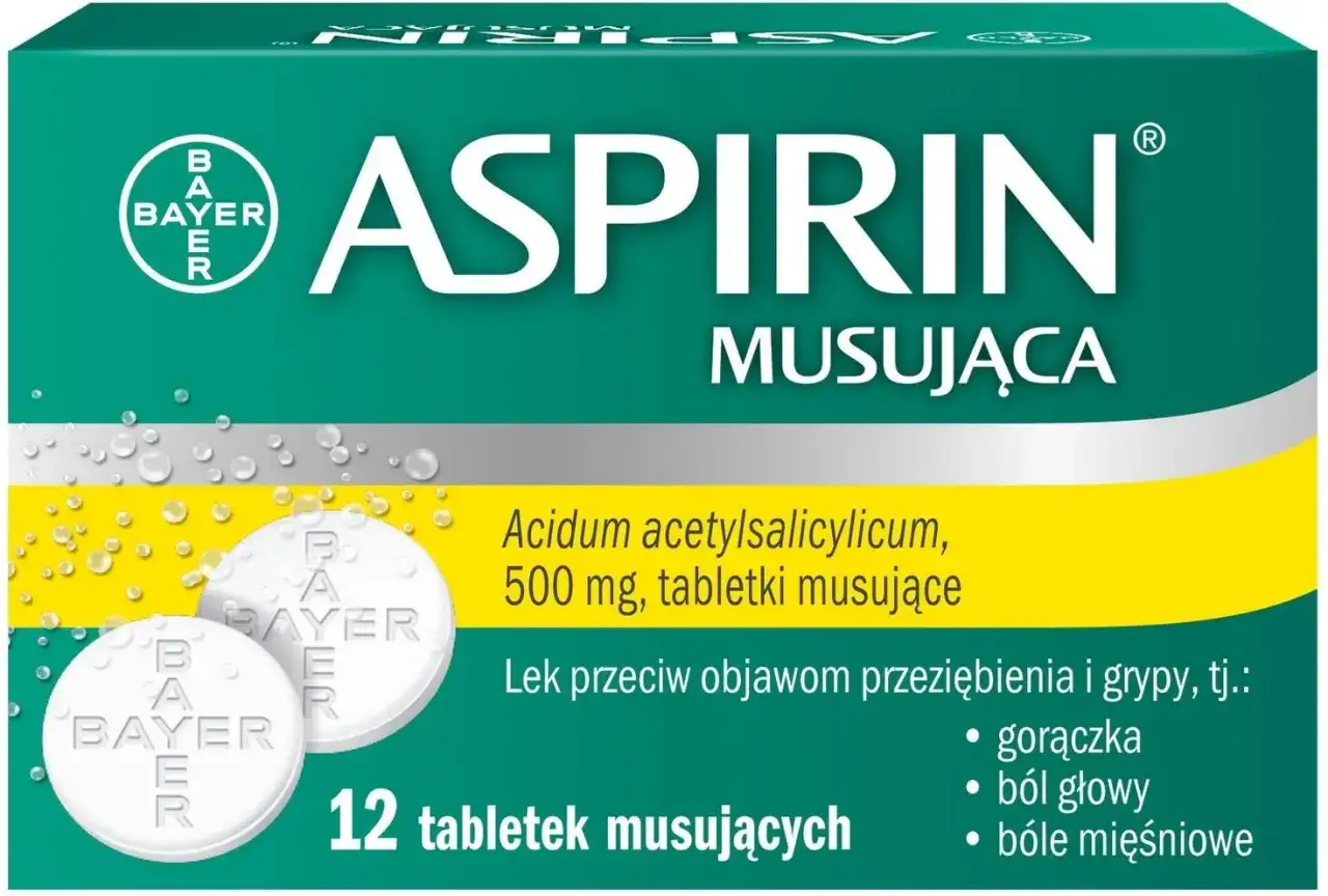 Opakowanie leku Aspirin Musująca, zawierające 12 tabletek. Składnikiem aktywnym jest kwas acetylosalicylowy, łagodzący objawy przeziębienia i grypy, takie jak gorączka, ból głowy i mięśni.