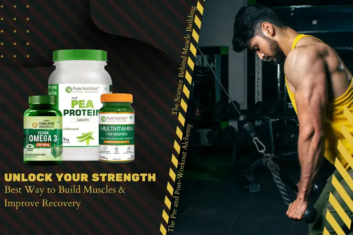 Mann trainiert im Fitnessstudio, während Nahrungsergänzungsmittel wie Erbsenprotein und Multivitamine für den Aufbau von Muskelmasse und Erholung werben.