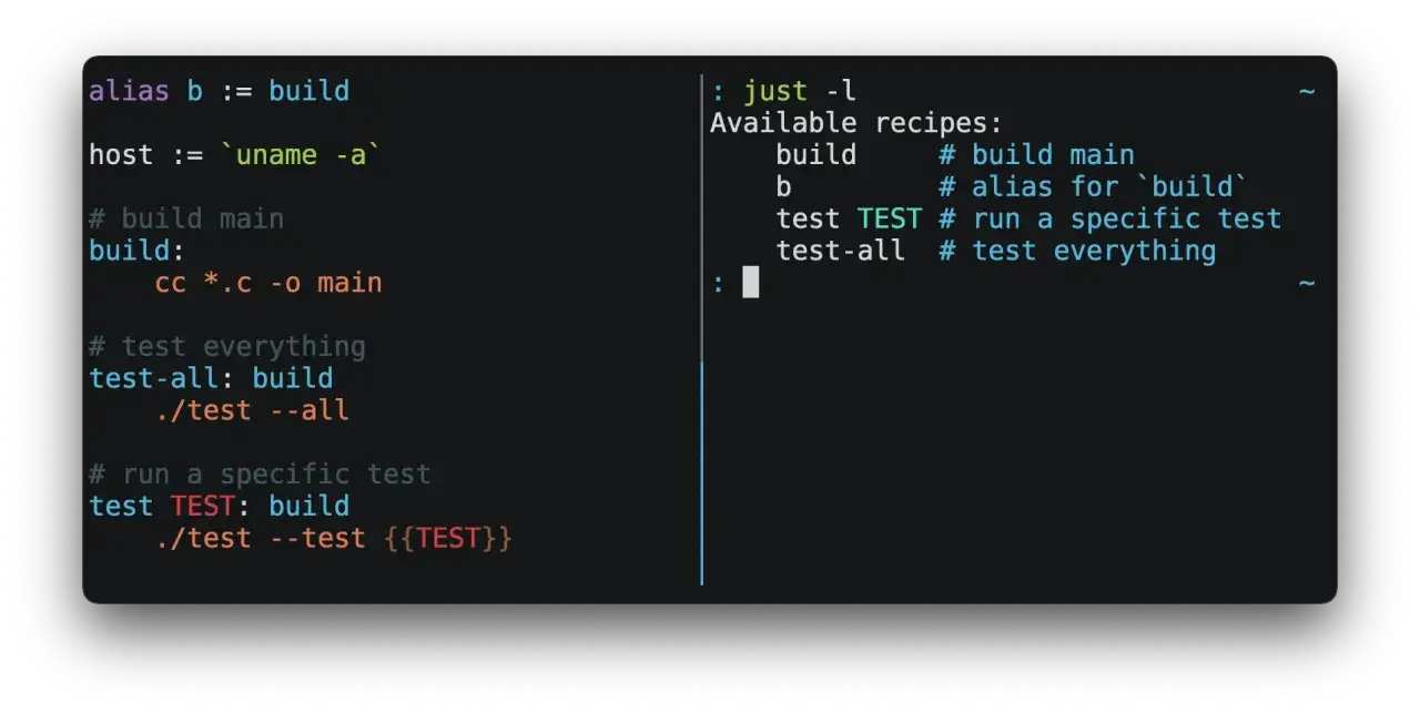 Fichier .env montrant des recettes pour compiler et tester un projet, avec des alias et des commandes.