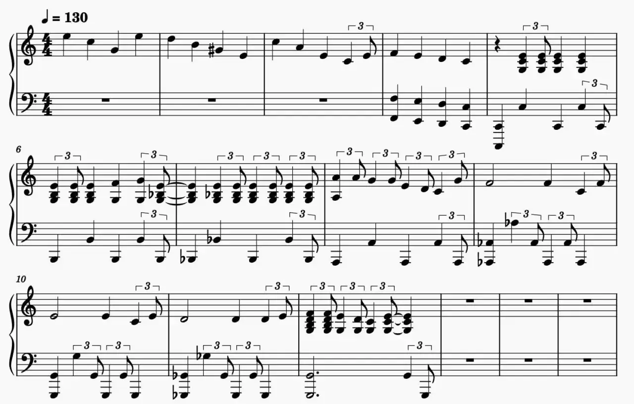 Partition de piano avec des triolets rapides, évoquant le rythme entraînant du swing.