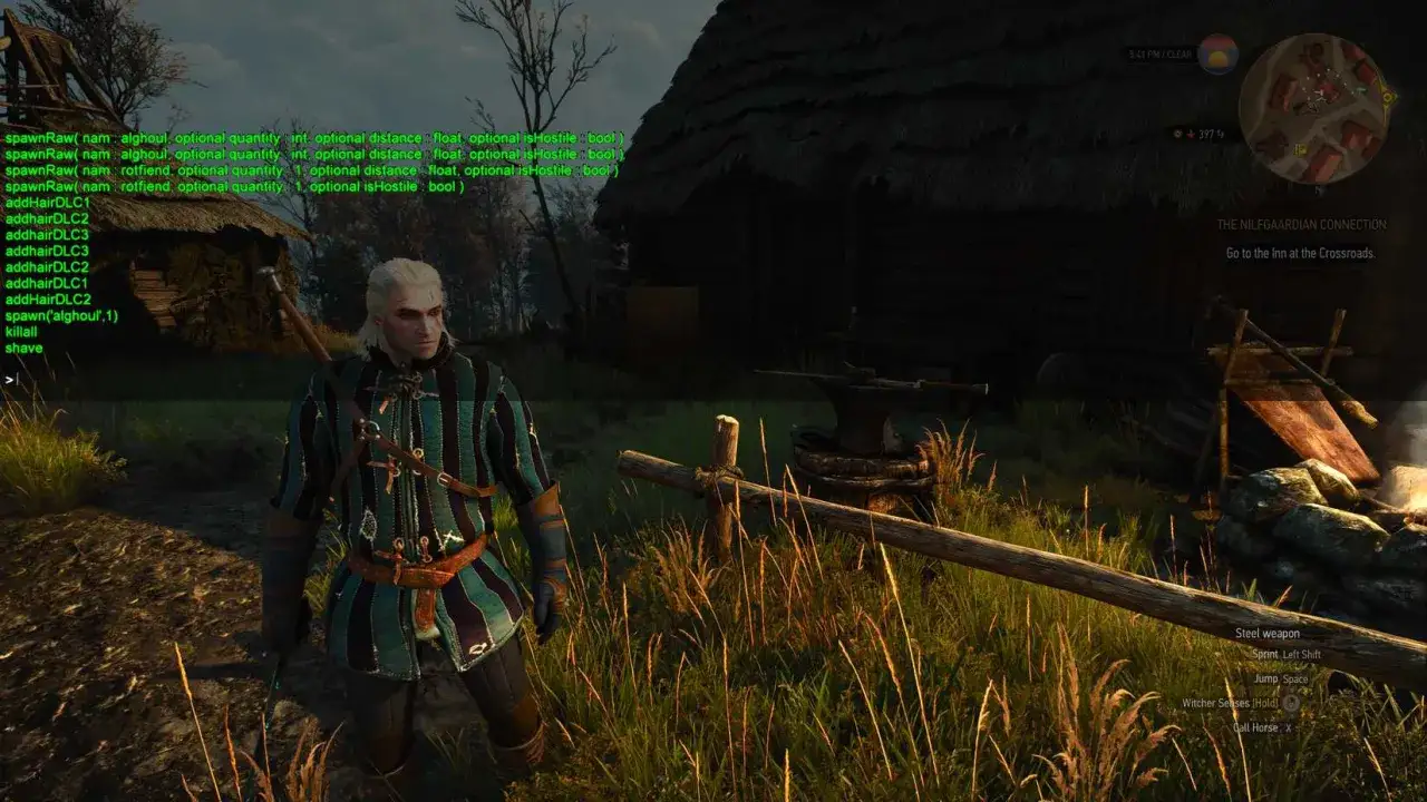 Geralt z Rivii w grze Wiedźmin 3, obok niego widać konsolę z komendami, np. 
