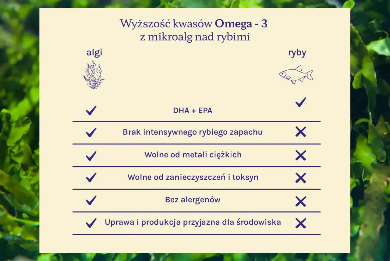 Porównanie kwasów Omega-3: algi vs ryby. DHA z alg jest czystsze, bez zapachu ryb i metali.