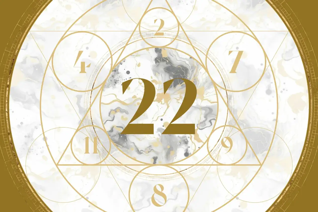 Złoty symbol z liczbami 22, 4, 2, 7, 11, 8, 9. Wygląda jak mapa numerologiczna dla numerologiczna 33 mężczyzna.