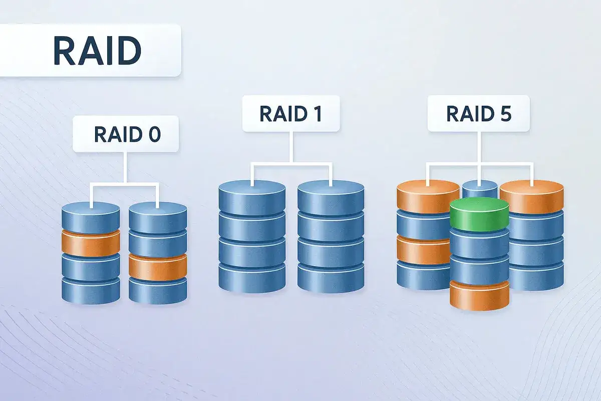 RAID-Systeme: RAID 0, RAID 1 und RAID 5 mit gestapelten Festplatten. Was ist NAS?