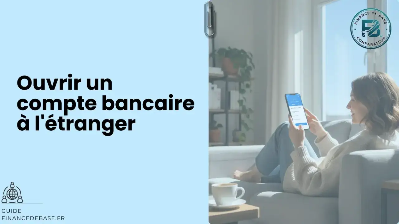 Une femme souriante utilise son téléphone pour ouvrir un compte bancaire à l'étranger. Le texte indique
