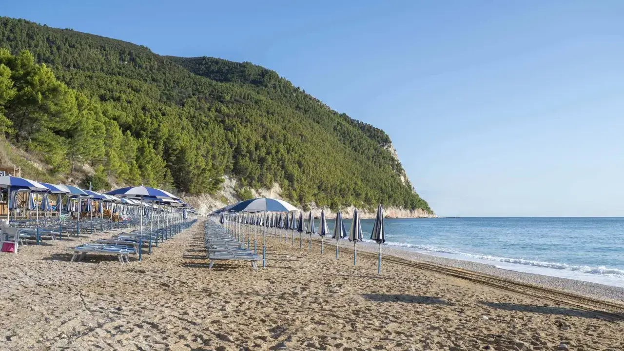 File di ombrelloni e lettini sulla sabbia dorata della spiaggia di San Michele, con il mare azzurro e il monte ricoperto di pini sullo sfondo.