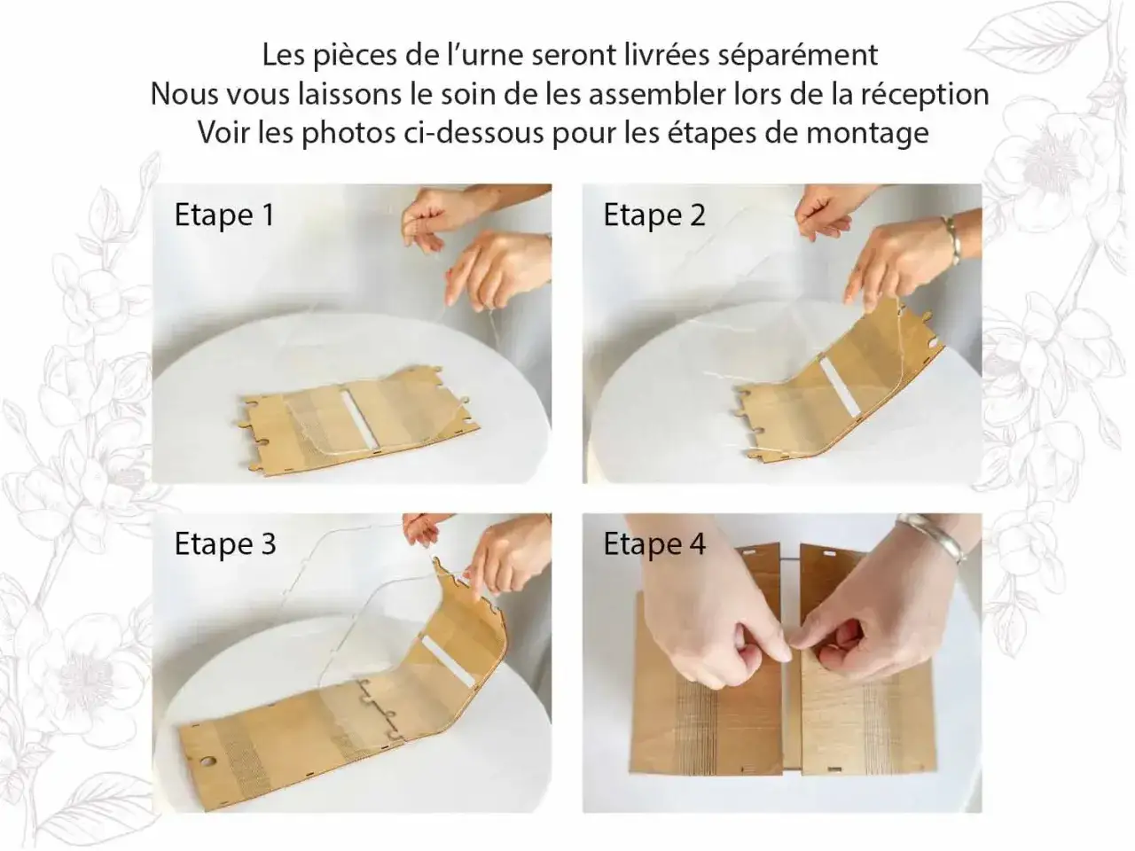 Instructions de montage d'une boîte à enveloppe en bois. Quatre étapes montrent comment assembler les pièces avec des fils.