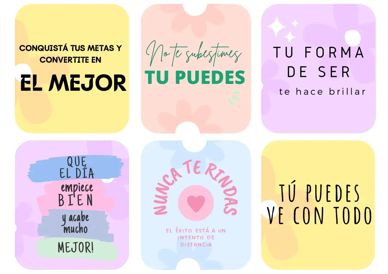 Seis tarjetas con frases positivas cortas: 