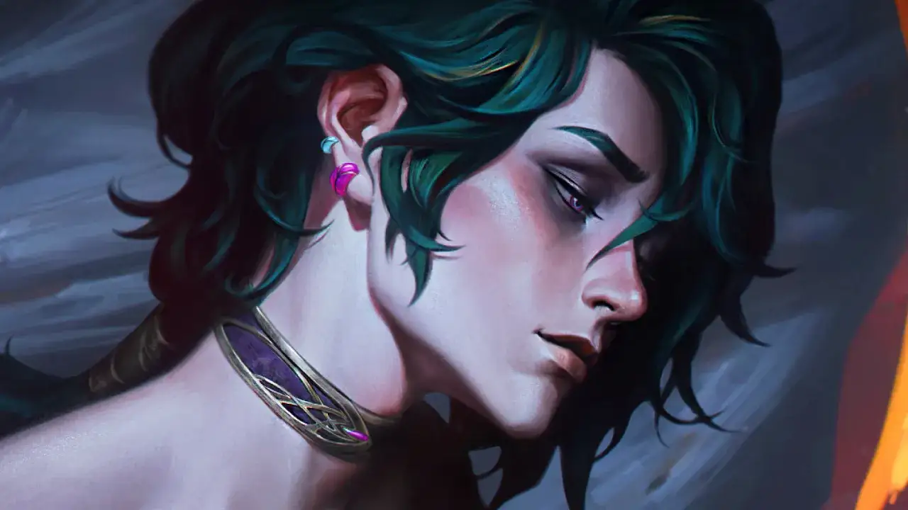 Portret Hwei z League of Legends, z zielonymi włosami, fioletowymi oczami i ozdobną biżuterią.