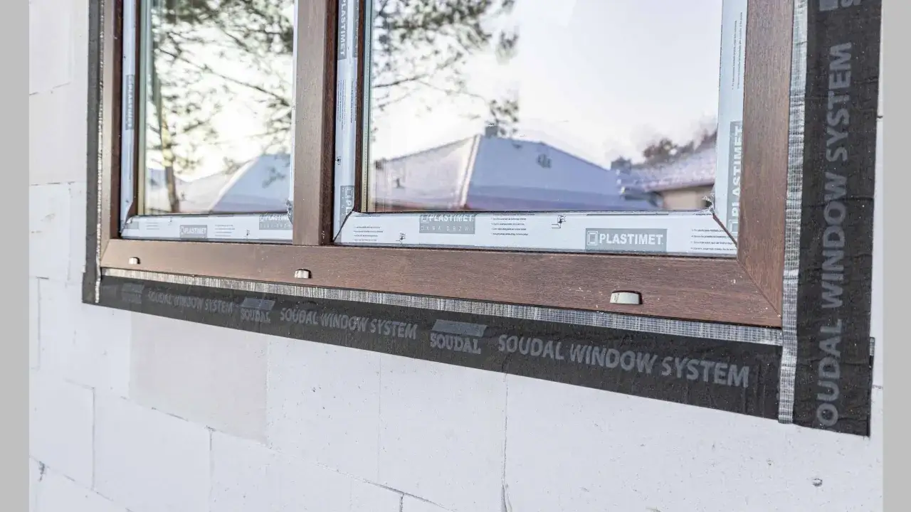 Szczelny montaż okien z użyciem taśmy Soudal Window System. Widok na fragment okna w białej ścianie z bloczków.