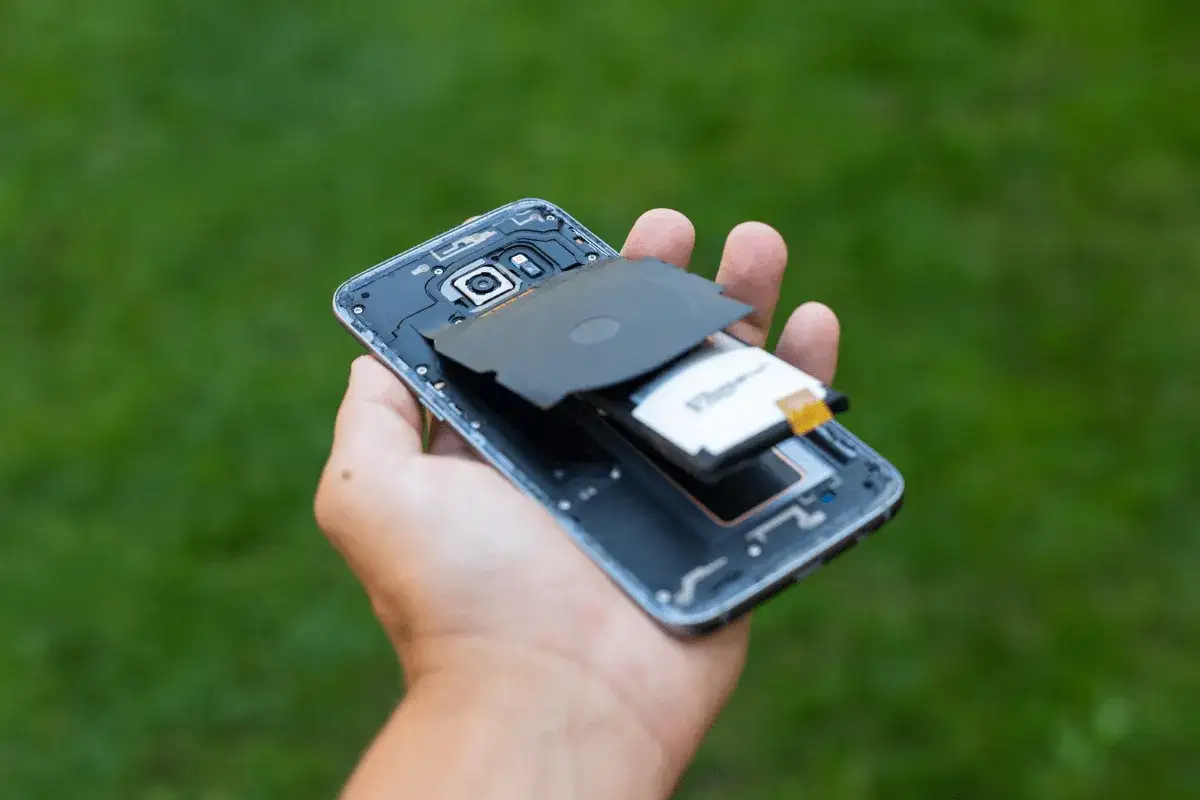 Dłoń trzyma rozebrany telefon, widać spuchnięta bateria, która wymaga wymiany.