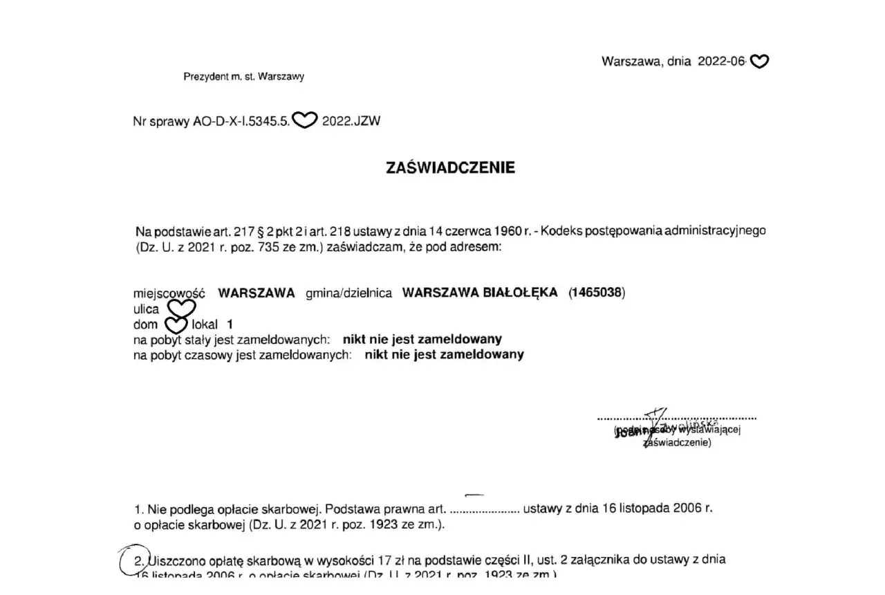Zaświadczenie z urzędu potwierdza, jak sprawdzić zameldowanie: pod adresem Warszawa Białołęka, nikt nie jest zameldowany na pobyt stały ani czasowy.