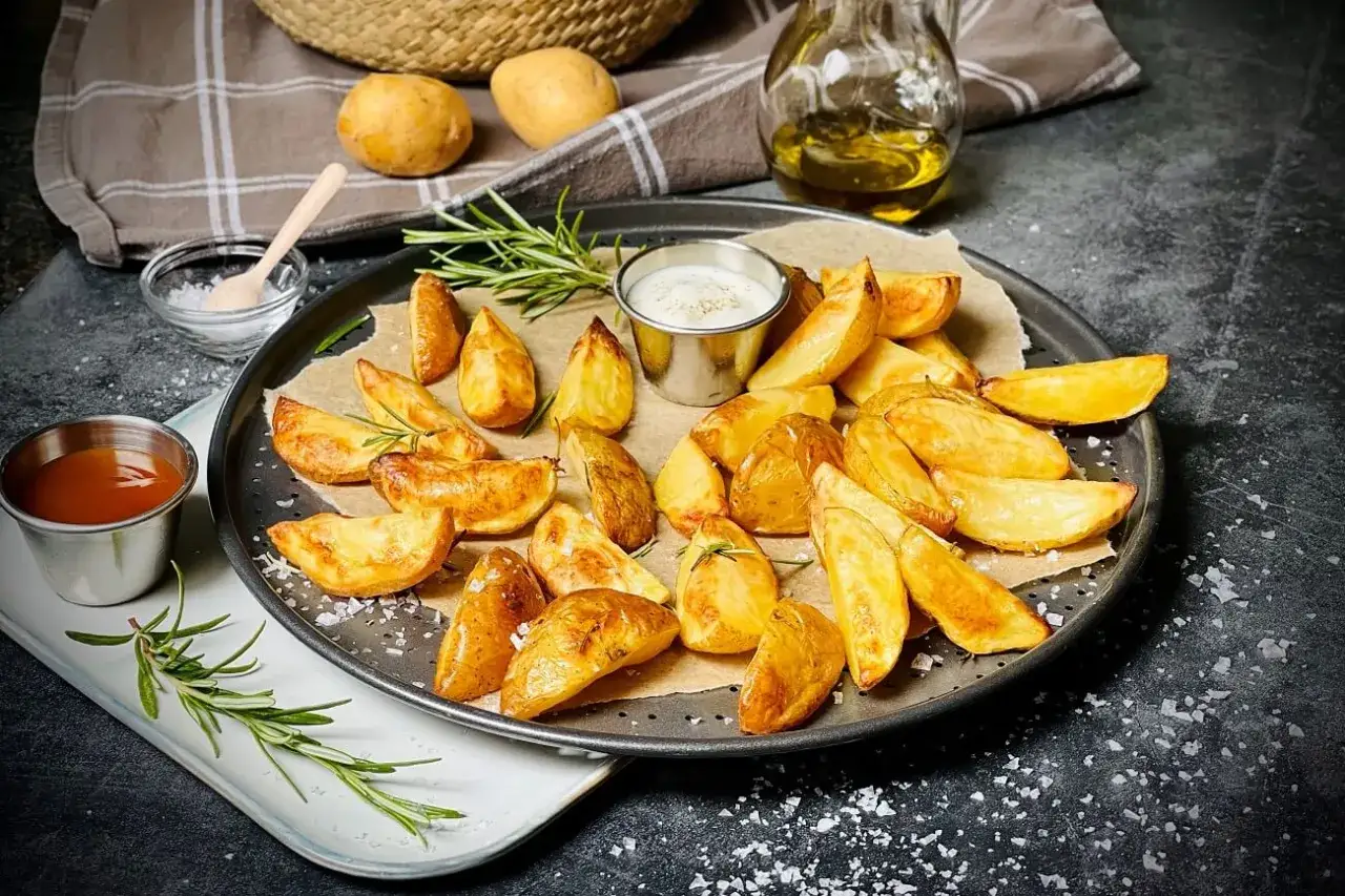 Knusprige Ofenkartoffeln mit Schale, garniert mit Rosmarin, serviert mit Dips. Perfekt f&uuml;r einen gem&uuml;tlichen Abend.
