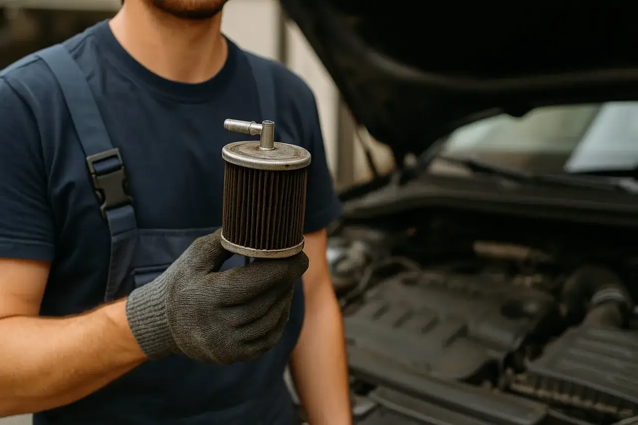 Mechaniker h&auml;lt einen stark verschmutzten Kraftstofffilter in der Hand. Ein verstopfter Kraftstofffilter kann zu Motorproblemen f&uuml;hren.