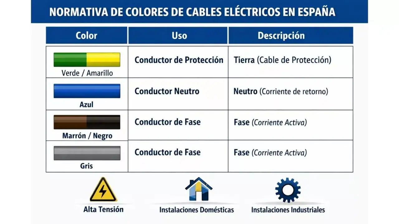 Tabla normativa colores cables el&eacute;ctricos Espa&ntilde;a: verde/amarillo es tierra, azul es neutro. &iquest;Cu&aacute;l es el cable L? Marr&oacute;n/negro o gris son fase (corriente activa).