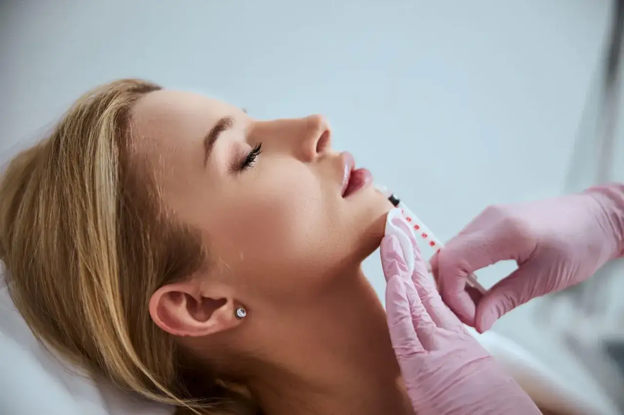 Delikatny masaż po lipolizie podbr&oacute;dka. Kosmetolog w r&oacute;żowych rękawiczkach wykonuje zabieg na twarzy młodej kobiety.