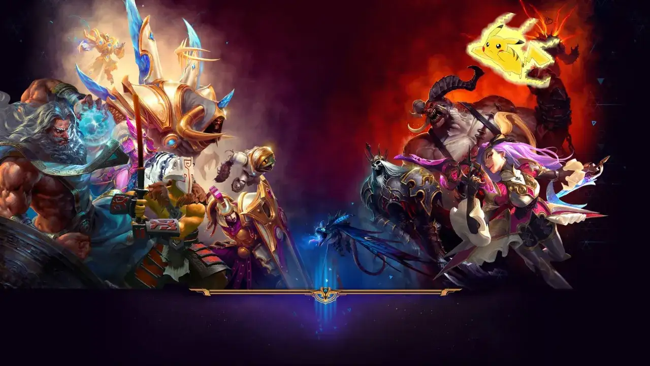 Postacie z gier fantasy walczą ze sobą, tworząc dynamiczną scenę. Idealne dla fanów najlepszych gier multiplayer na telefon.