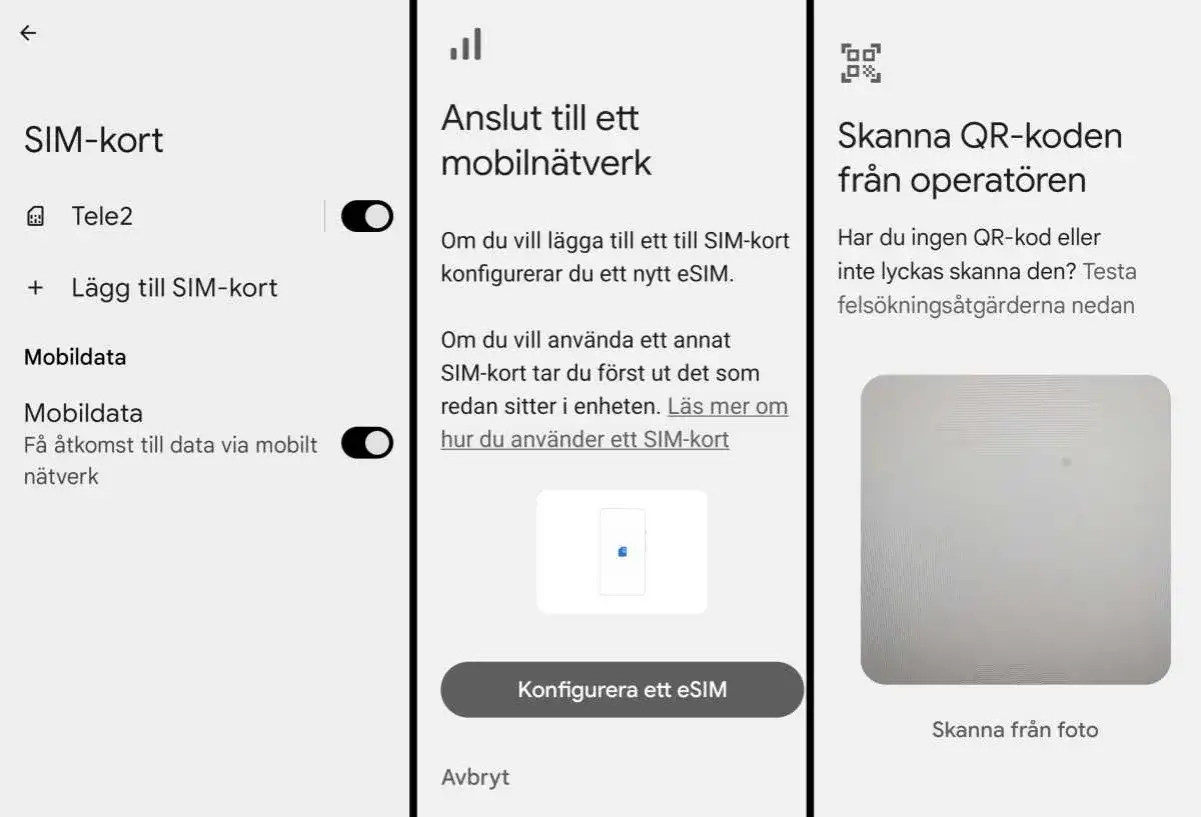 Inst&auml;llningar f&ouml;r SIM-kort p&aring; en Samsung-telefon. Hantera SIM-kort och mobildata, konfigurera eSIM eller skanna QR-kod.