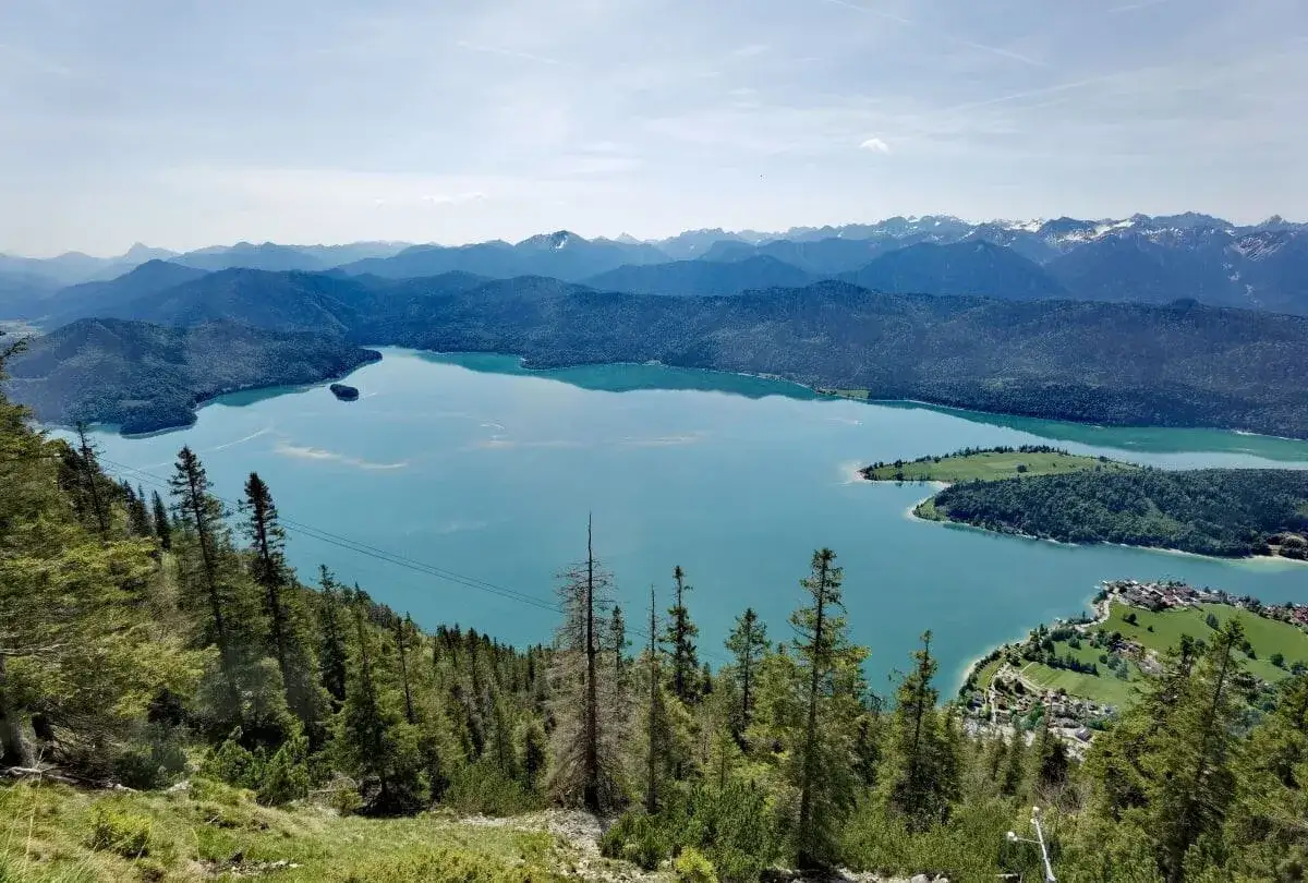 Blick auf den Walchensee, die bayerische Karibik, mit Bergen im Hintergrund und B&auml;umen im Vordergrund.