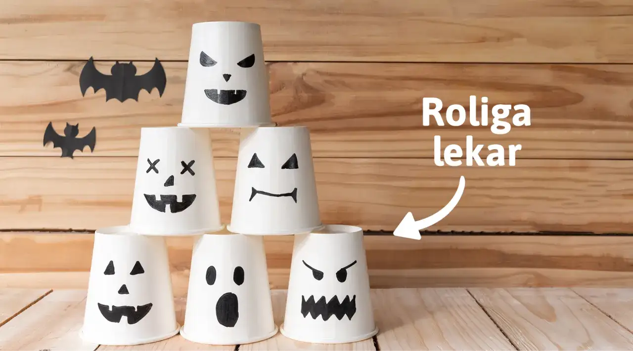Roliga lekar f&ouml;r en halloween fest med barn. Koppar dekorerade som sp&ouml;ken och pumpor, med fladderm&ouml;ss p&aring; tr&auml;bakgrund.
