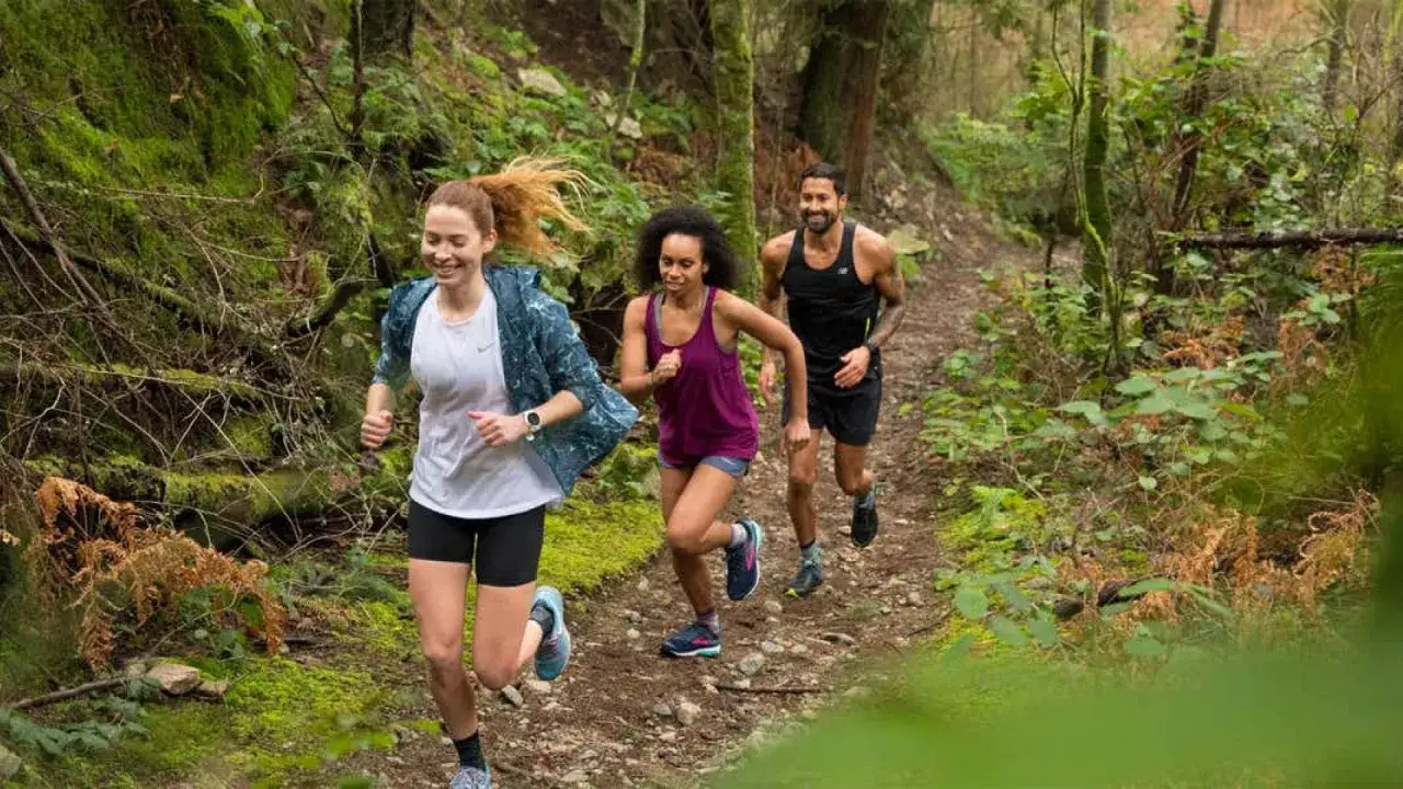 Drei Läufer genießen das Trailrunning auf einem schmalen Pfad im Wald.